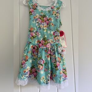 90s vintage girls dress XS 4 to 5 blue floral lace Ames Evy USA cotton country